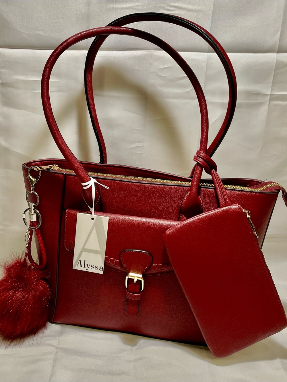 Alyssa Set withTote, Matching Wristlet/Pouch & Extra Pom Bag Charm/KeyChain, NWT - Picture 16 of 16
